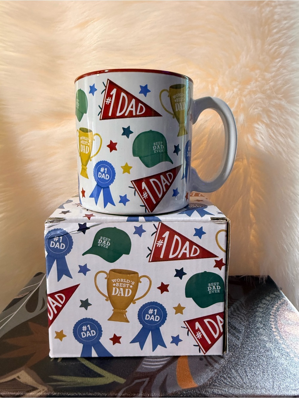 Burton #1 Dad Ceramic Mug - White with Red, Blue, Green, Gold Accents
